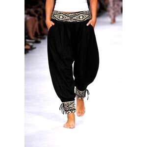 Wer bist du? Harem Pants with Patterned Cuffs Loose Side Pocket Black OS